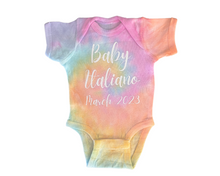 Load image into Gallery viewer, Baby Name &amp; Date Rainbow Tie-Dye Onesie, Baby Announcement
