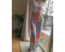 Load image into Gallery viewer, Rainbow Tie Dye Yoga Set with wide leg flowy yoga pants &amp; crop top made in USA with eco-friendly sustainable cotton with handmade tie dye
