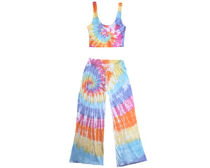 Rainbow Tie Dye Yoga Set with wide leg flowy yoga pants & crop top made in USA with eco-friendly sustainable cotton with handmade tie dye